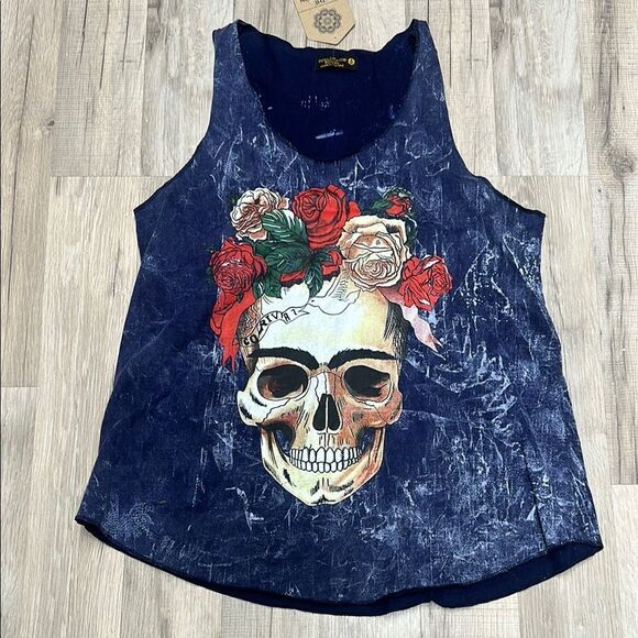 the collection royal Tops - Floral Skull Graphic Tank Top - Blue